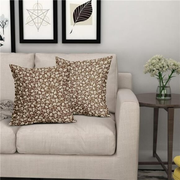 Brown Beige Daisy Floral Pillow Covers 20x20 Set of 2 Cotton Linen Farmhouse Dec - Picture 2 of 8